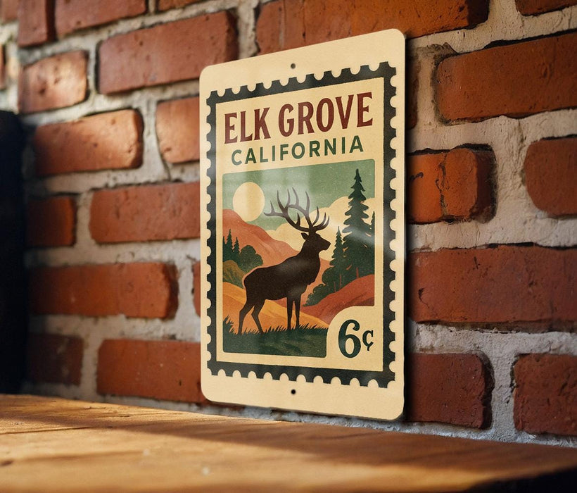 A metal sign with a vintage-style illustration of a deer standing in a forest, mounted on a brick wall.