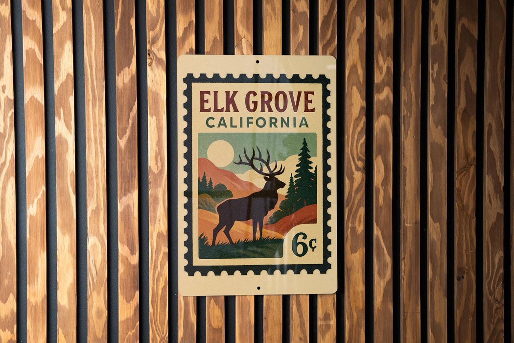 A metal sign with a stamp-like design, mounted on a wooden wall.