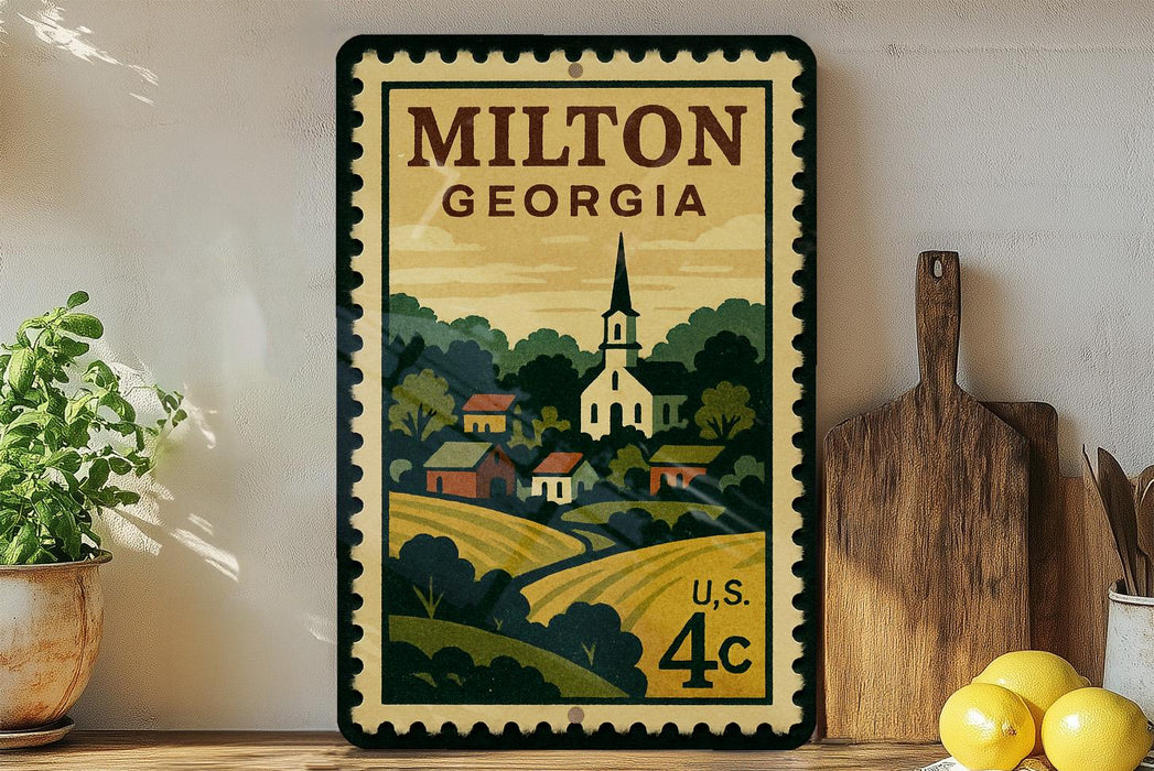 A vintage-style postage stamp depicting Milton, Georgia, with a church and a rural landscape, displayed on a wall next to a wooden cutting board and some lemons.