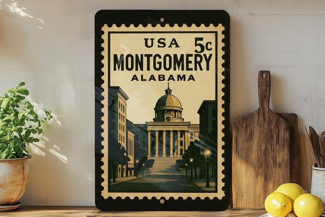 A framed vintage postage stamp depicting the United States Capitol building in Montgomery, Alabama, with the text "USA 5c MONTGOOMERY ALABAMA" printed on it.