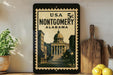 A framed vintage postage stamp depicting the United States Capitol building in Montgomery, Alabama, with the text "USA 5c MONTGOOMERY ALABAMA" printed on it.