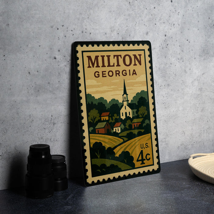 A vintage postage stamp from Milton, Georgia, featuring a pastoral scene with a church and houses, placed on a countertop next to some black camera lenses.