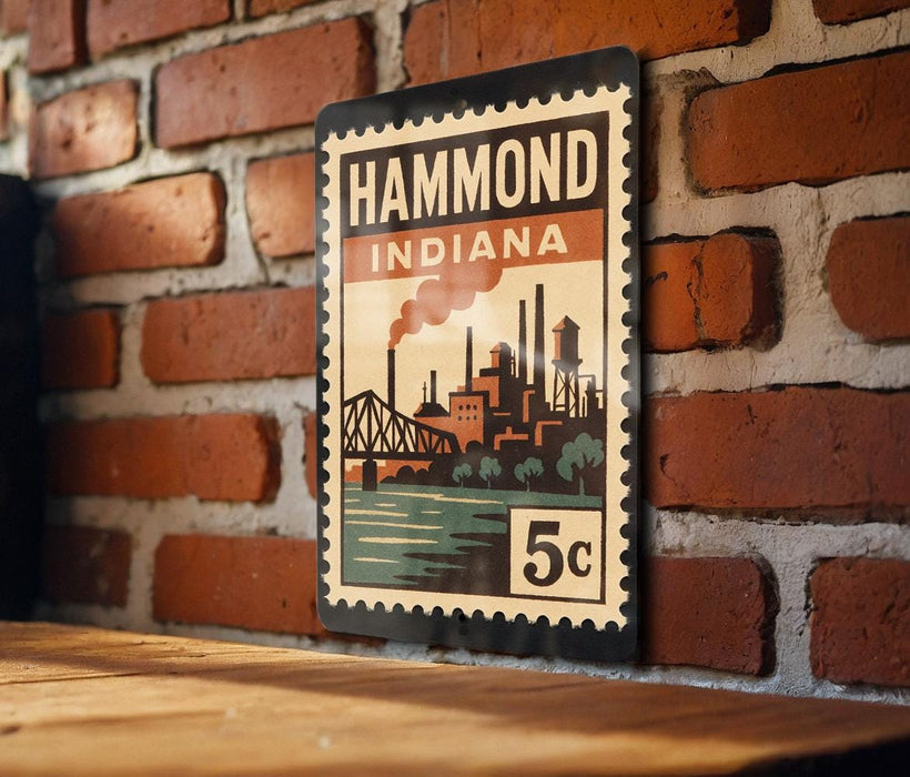 A vintage-style metal stamp depicting a cityscape with a bridge and industrial buildings, mounted on a brick wall.