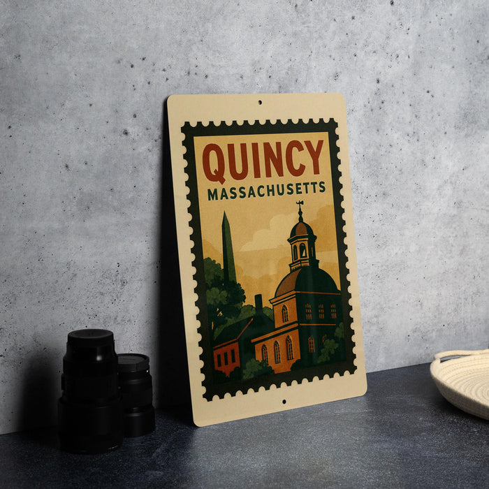 A vintage-style metal sign with the text "QUINCY MASSACHUSETTS" displayed prominently, featuring an illustration of a building and a dome.