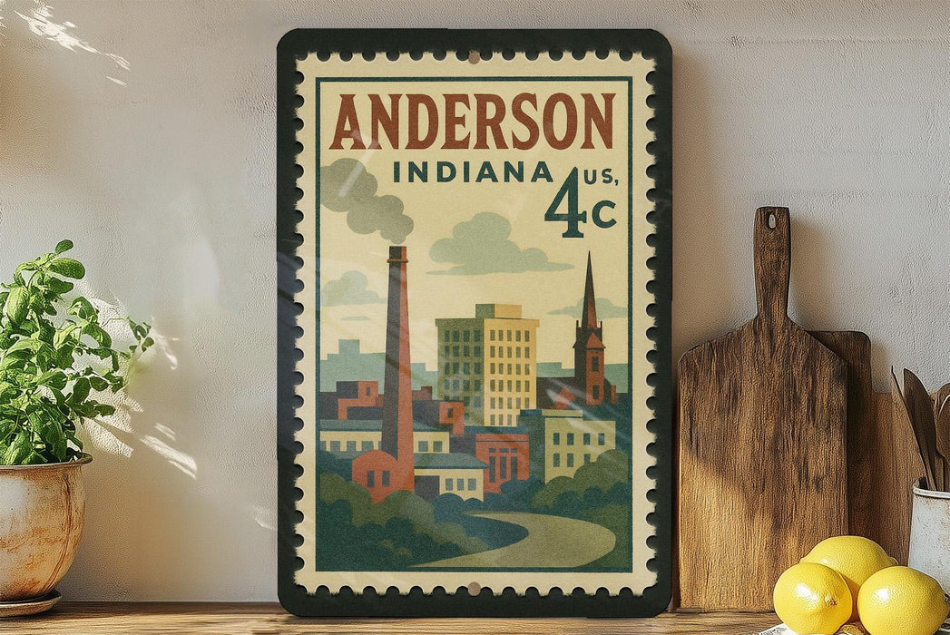 A framed vintage postage stamp depicting a cityscape of Anderson, Indiana, with a tall chimney and buildings, is displayed on a shelf next to a wooden cutting board and a potted plant.