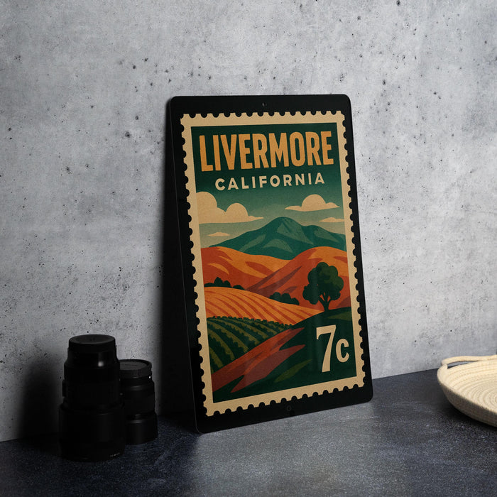 A metal sign with a vintage-style illustration of a rural landscape, featuring mountains, trees, and a field, is displayed on a countertop.