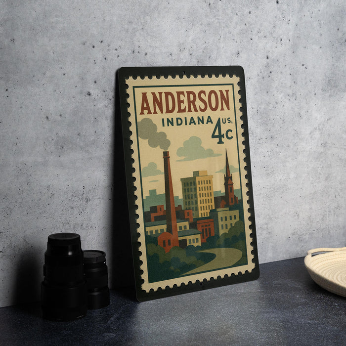 A vintage postage stamp from Indiana, featuring an illustration of a cityscape, is displayed on a countertop next to some black camera lenses.