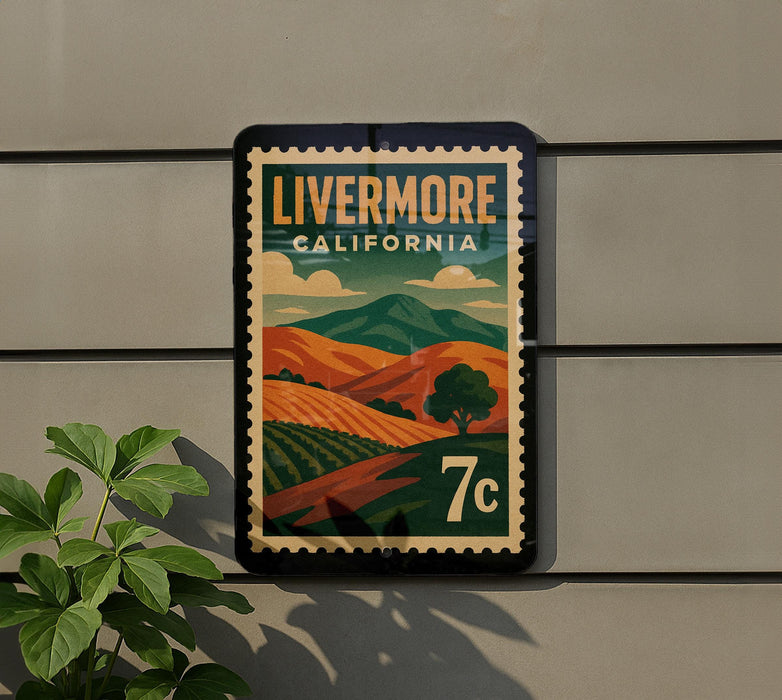 A vintage-style postage stamp from California, featuring a landscape with mountains, hills, and a tree, mounted on a wall.