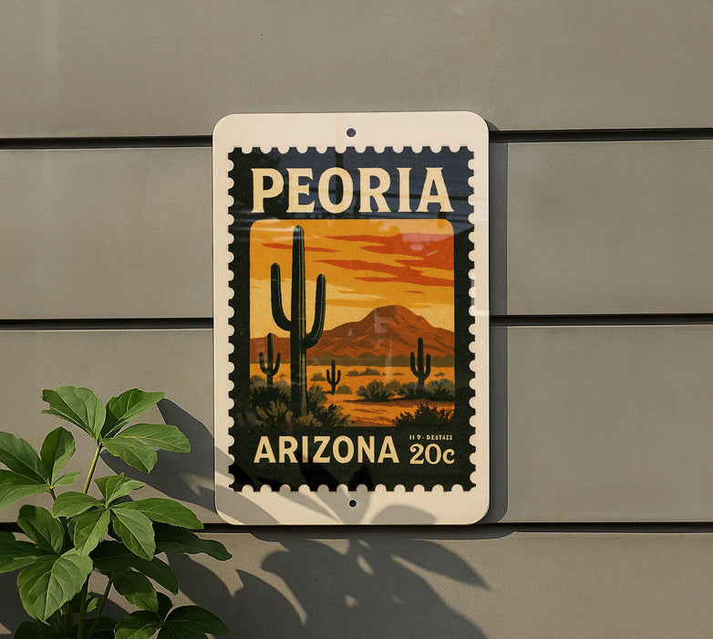 A sign that reads "PEORIA ARIZONA 20¢" is displayed on a wall, with a plant visible to the left of the sign.