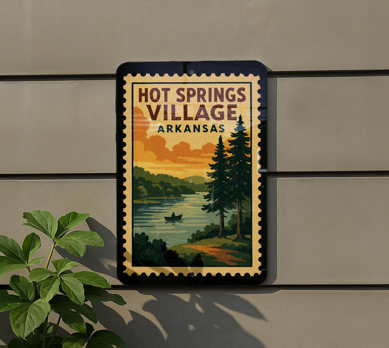 A vintage-style sign for Hot Springs Village, Arkansas, featuring a scenic landscape with pine trees, a lake, and a sunset.