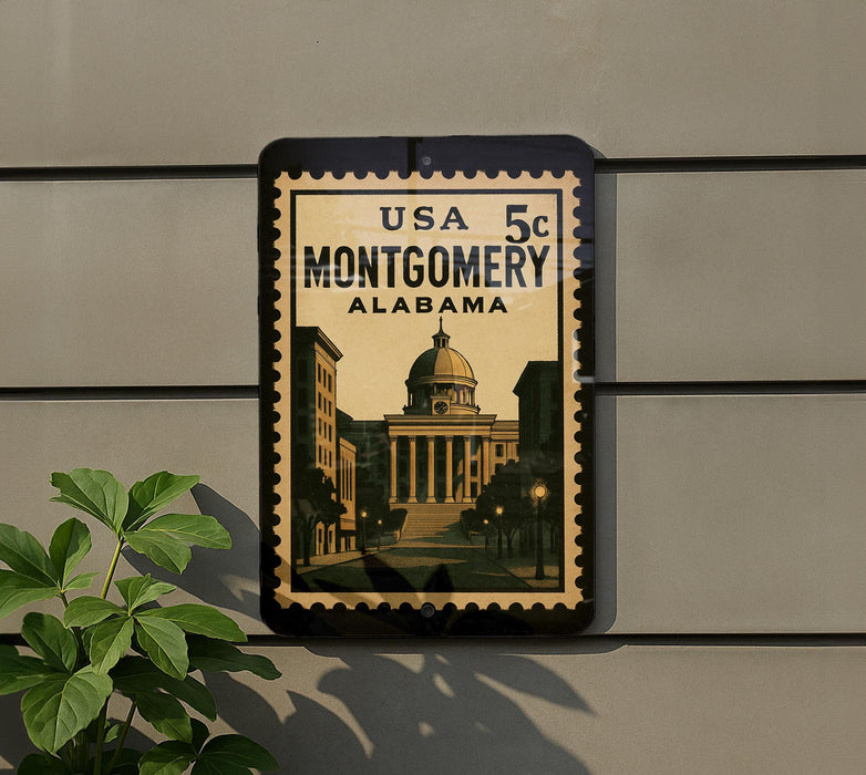 A framed poster of the United States Capitol building in Montgomery, Alabama, mounted on a wall.