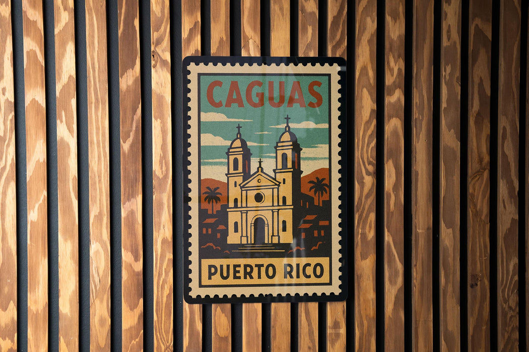 A vintage-style poster of a church with a tropical landscape in the background, mounted on a wooden wall.