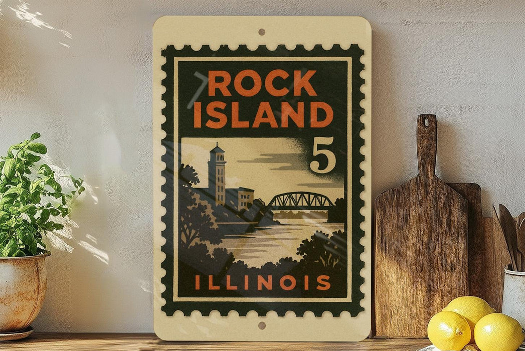 A vintage-style stamp depicting the Rock Island, Illinois area, with a bridge and trees in the background.