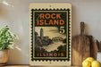 A vintage-style stamp depicting the Rock Island, Illinois area, with a bridge and trees in the background.