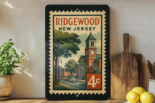 A framed poster of Ridgewood, New Jersey, featuring a clock tower and a street scene, is displayed on a shelf next to a wooden cutting board and some lemons.