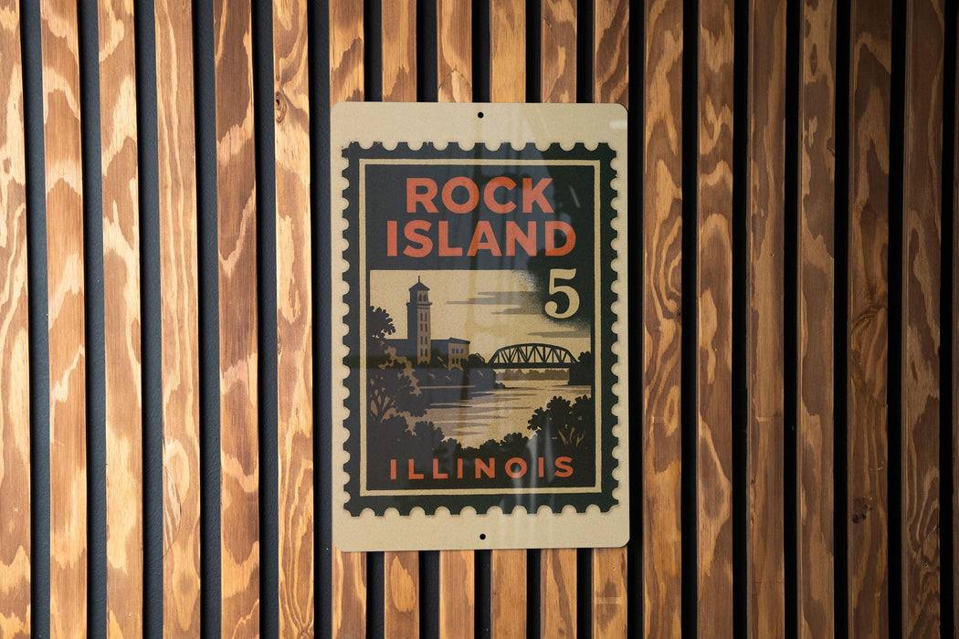 A vintage-style postage stamp from Illinois, featuring a scenic landscape with a bridge and a tower, is displayed on a wooden wall.