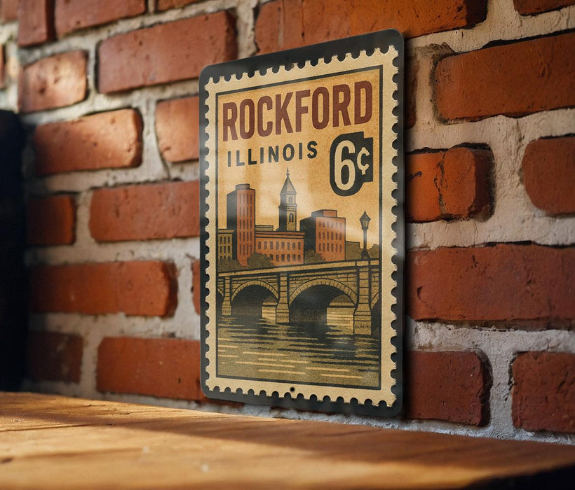 A vintage-style metal sign with the text "ROCKFORD ILLINOIS 6¢" displayed on a brick wall.