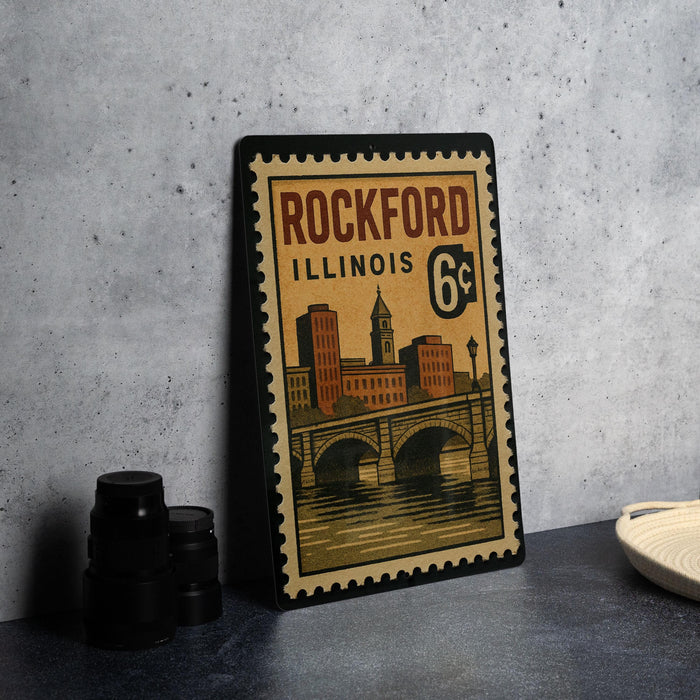 A vintage-style postage stamp from Illinois, featuring an illustration of a cityscape with a bridge, is displayed on a table.