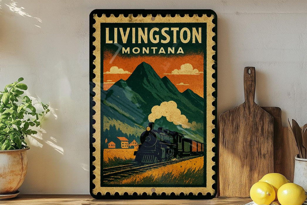 A vintage-style poster of Livingston, Montana, featuring a steam locomotive and mountains in the background, displayed on a wall next to a wooden cutting board and a potted plant.