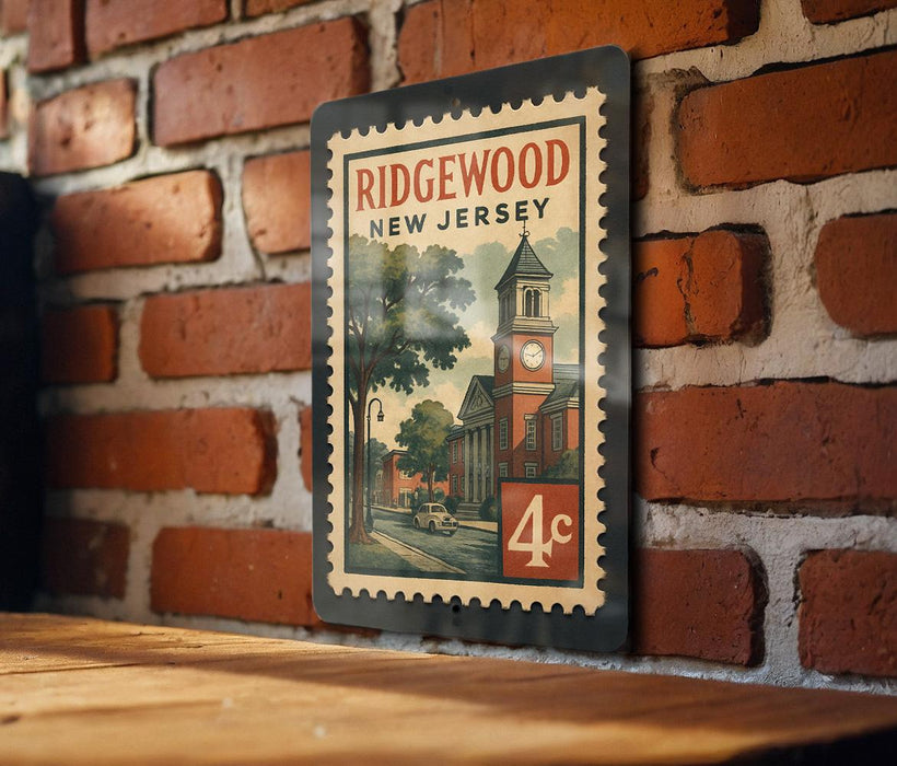 A vintage postage stamp from New Jersey featuring a brick building and a clock tower, mounted on a brick wall.