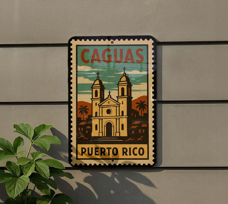A vintage-style sign with the text "CAGUAS PUERTO RICO" and an illustration of a church with two towers, mounted on a wall.