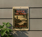 A vintage-style sign for Rock Island, Illinois, featuring a bridge and a tower, mounted on a wall.