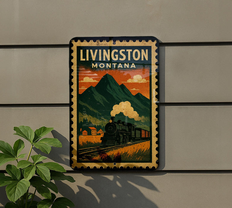 A vintage-style metal sign with a train and mountains in the background, mounted on a wall.