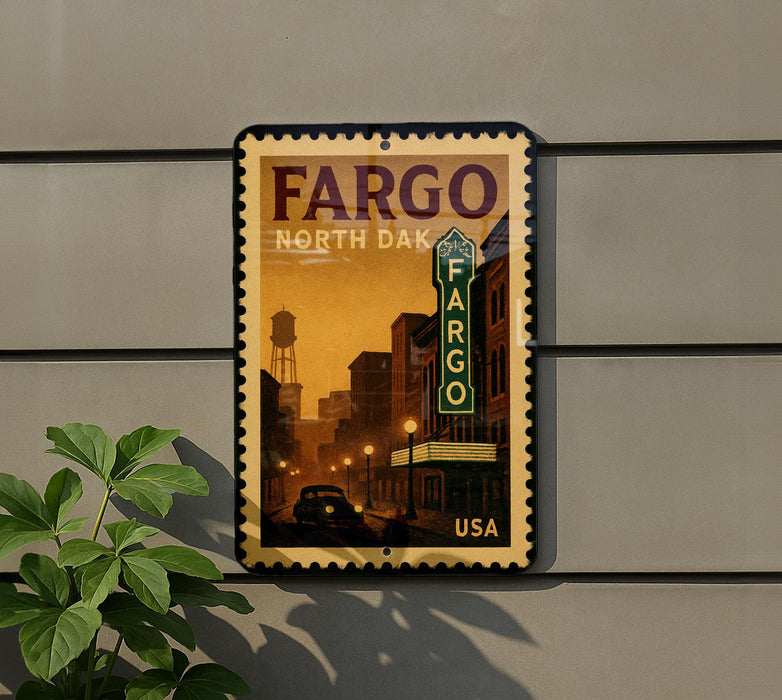 A framed poster of a cityscape with a sign for the Fargo, North Dakota theater, mounted on a wall.