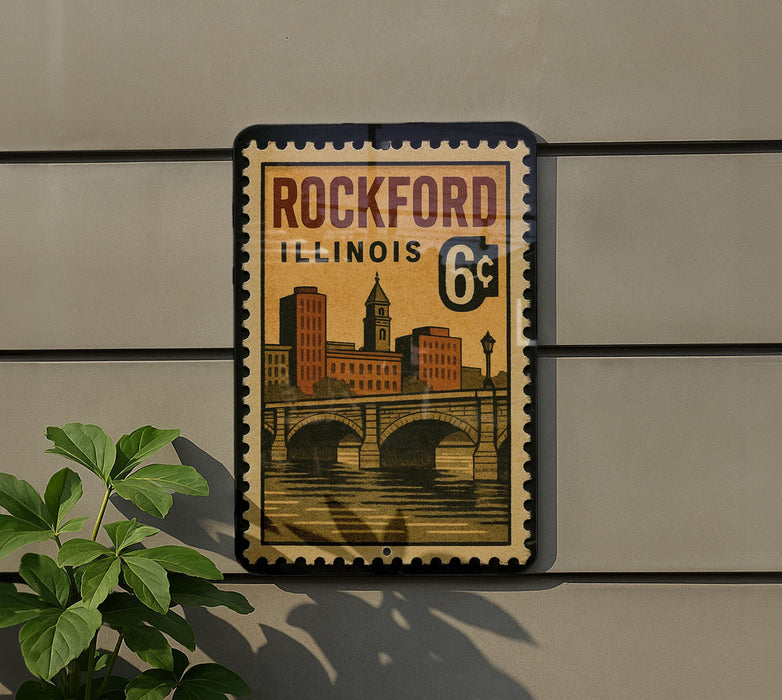 A vintage postage stamp from Illinois, featuring an illustration of a cityscape with a bridge and buildings, mounted on a wall.