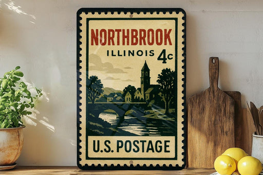 A vintage postage stamp from Illinois 4c, featuring a scenic landscape with a church and a river, displayed on a shelf next to a wooden cutting board and some lemons.