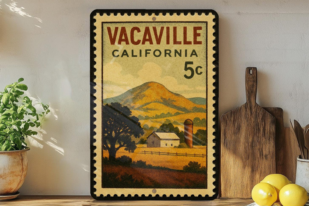 A framed vintage stamp depicting a rural landscape in Vacaville, California, with a farmhouse and mountains in the background.