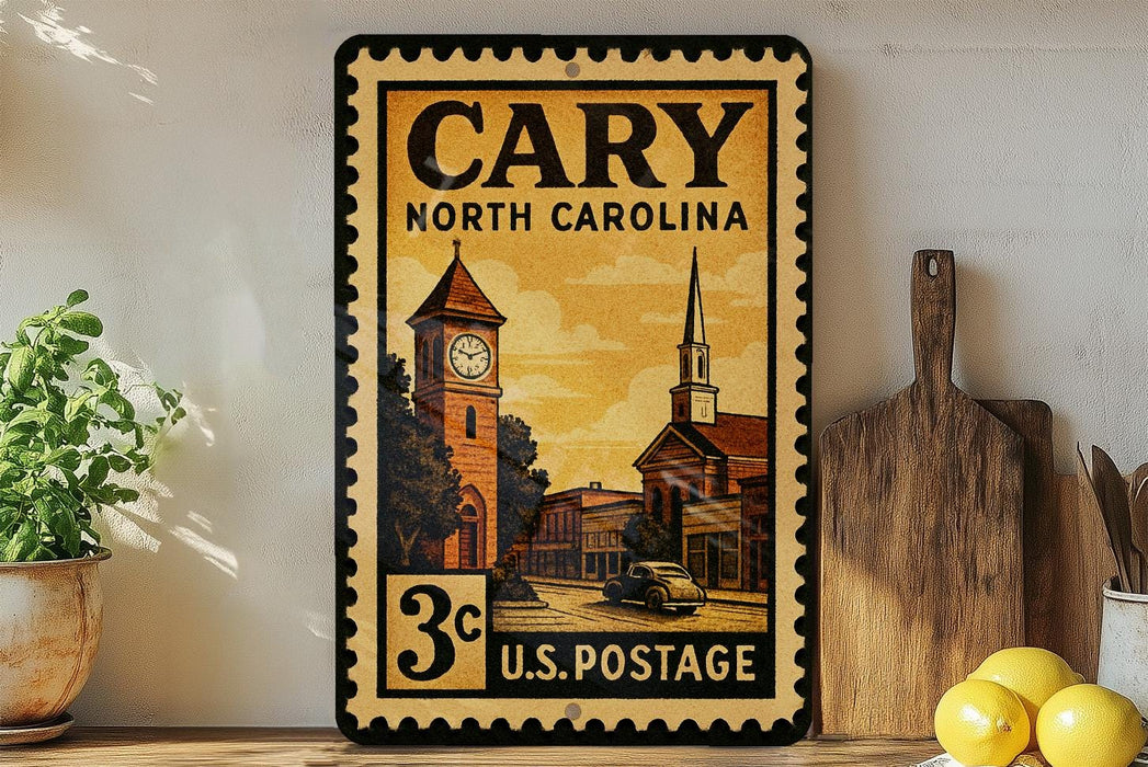 A vintage-style postage stamp from North Carolina, featuring a clock tower and church, is displayed on a shelf next to a wooden cutting board and some lemons.