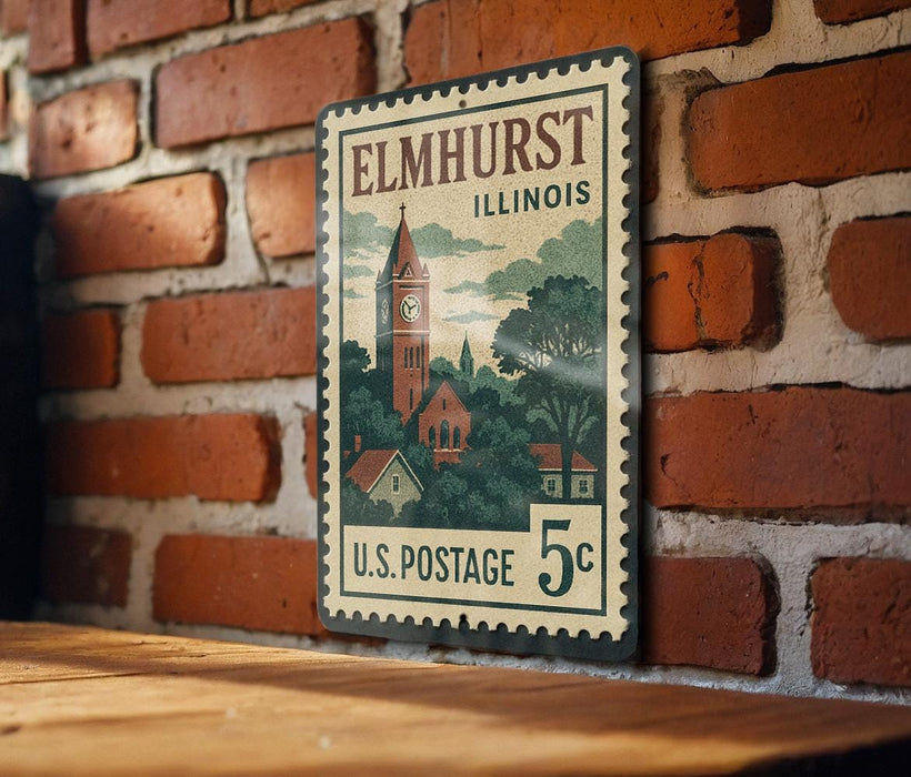 A vintage postage stamp from Illinois, featuring a brick wall and a clock tower, is displayed on a wooden surface.