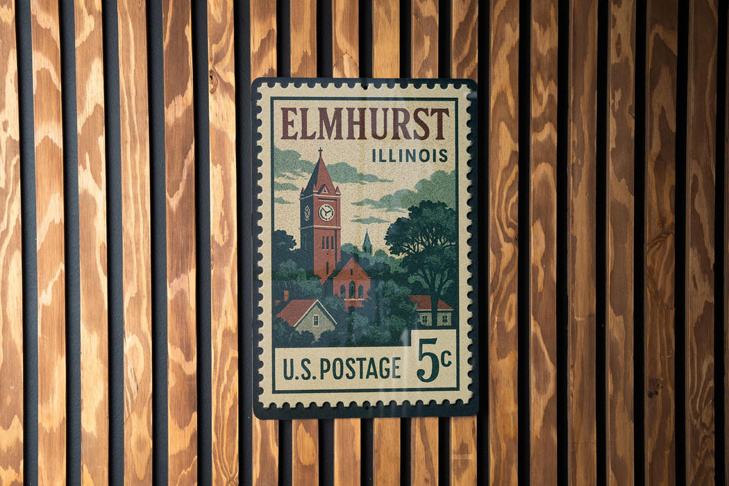 A vintage U.S. postage stamp from Elmhurst, Illinois, featuring a clock tower and a rural landscape.