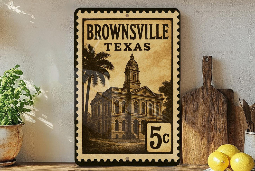 A framed vintage-style stamp depicting a building in Brownsville, Texas, with the text "Brownsville, TX" printed on it.