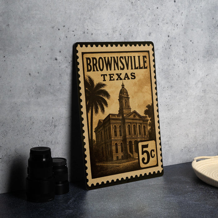 A framed stamp depicting the historic Brownville, Texas courthouse, with the text "Brownsville, TX" and "5c" printed on it.