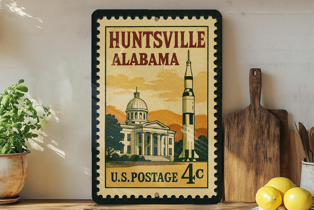 A vintage U.S. postage stamp from Alabama featuring a building and a rocket ship, displayed on a shelf next to a wooden cutting board and a potted plant.