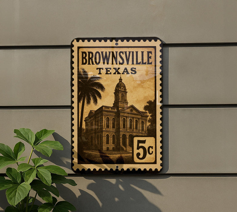 A sign that reads "Brownsville, Texas" with a building illustration and a 5 cent denomination.