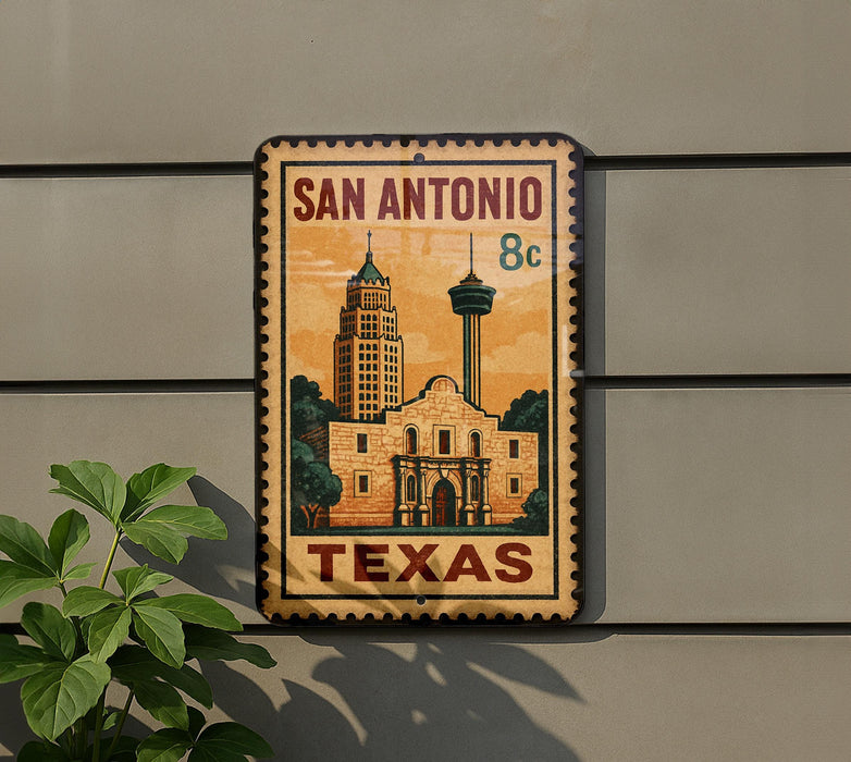 A metal sign with the text "SAN ANTONIO 8c" and an illustration of the historic San Antonio Cathedral, which is a landmark in Texas.