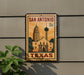 A metal sign with the text "SAN ANTONIO 8c" and an illustration of the historic San Antonio Cathedral, which is a landmark in Texas.