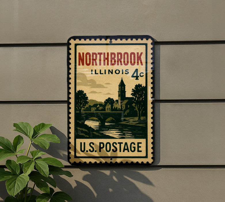 A vintage postage stamp from Illinois, featuring a scenic landscape with a bridge and trees, mounted on a wall.