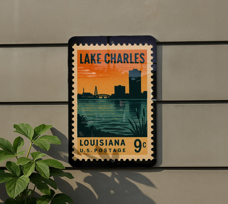 A framed postage stamp from the United States of America, featuring a scenic image of Lake Charles, Louisiana.