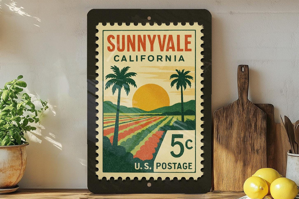 A framed vintage postage stamp from Sunnyvale, California, depicting a tropical landscape with palm trees and a sunset.