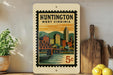 A vintage-style stamp depicting the city of Huntington, West Virginia, with a bridge and buildings in the background.