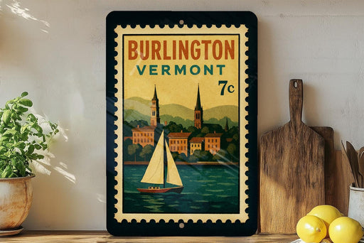 A vintage-style poster of Burlington, Vermont, featuring a sailboat on a river, is displayed on a wall next to a wooden cutting board and a potted plant.