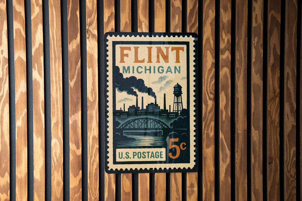 A vintage postage stamp from Michigan, featuring a cityscape and steam rising from a bridge, mounted on a wooden wall.