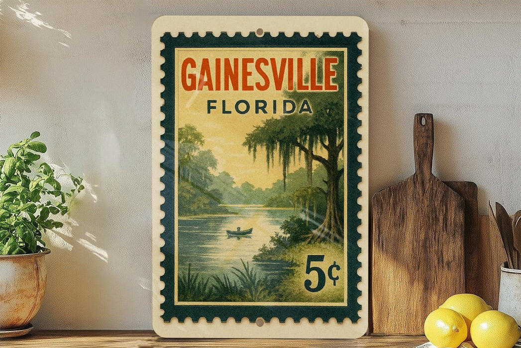 A vintage postage stamp from Florida, featuring a serene landscape with a river, palm trees, and a small boat, displayed on a shelf next to a wooden cutting board and some lemons.