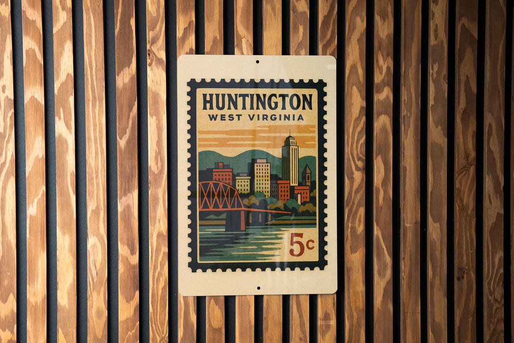 A wooden wall with a vintage-style postage stamp featuring an illustration of a cityscape and a bridge, mounted on it.
