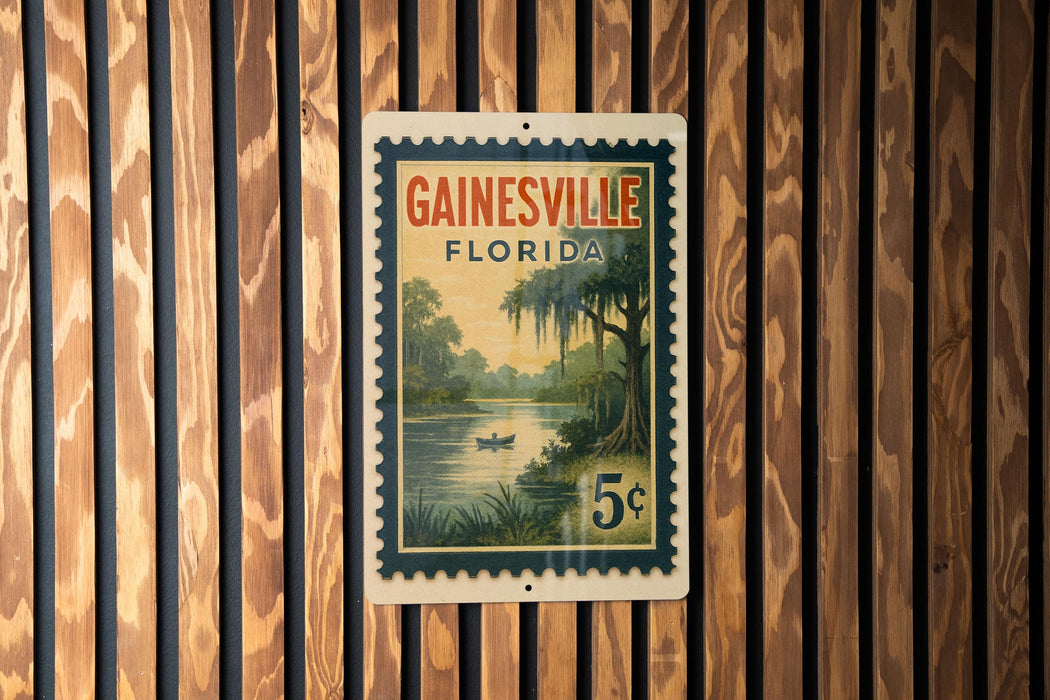 A vintage Florida postage stamp featuring a serene landscape of a river, palm trees, and a boat, mounted on a wooden wall.