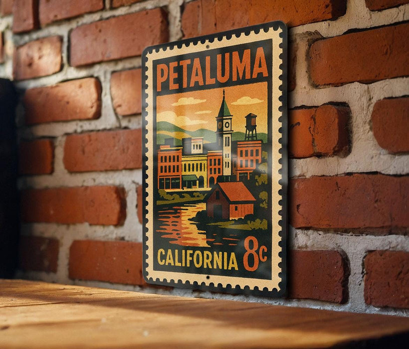 A vintage-style metal stamp depicting a cityscape with a clock tower, hanging on a brick wall.
